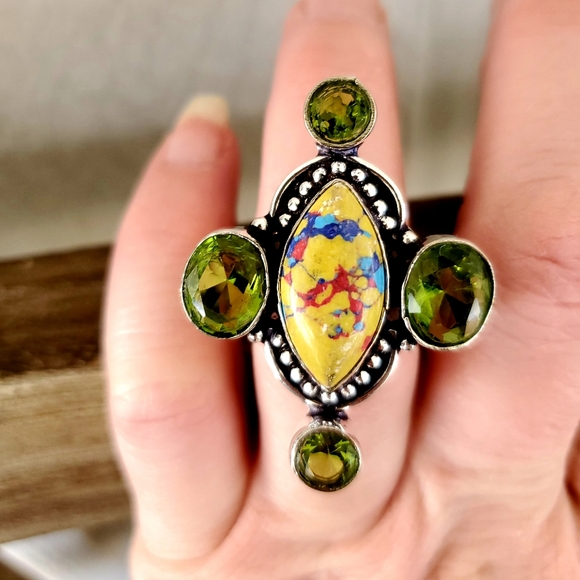 New Unique Mosaic Jasper and Peridot 925 Silver Ring. - Picture 3 of 8